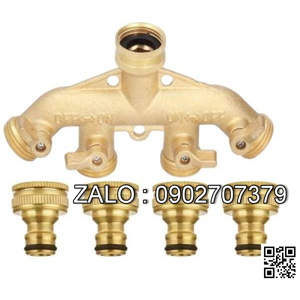 Van thau 5 ngã ren trong ở giữa - 4 khóa thau - 4 đầu nối ống hơi DN15