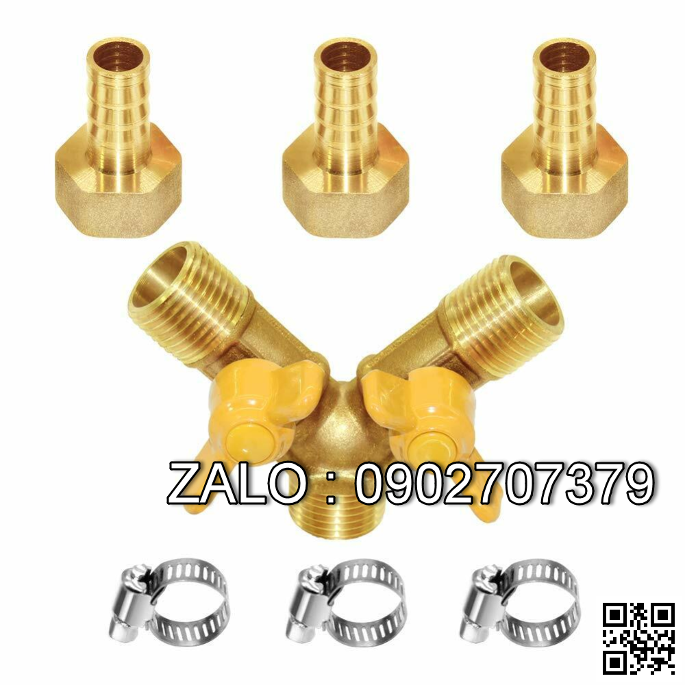 Van thau 3 ngã ren trong ở giữa - 2 khóa thau - 2 đầu nối ống hơi DN33