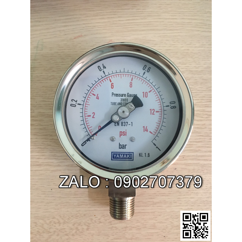 Đồng hồ đo áp suất 1 kim phi 100 mm inox chân đứng 14 bar Yamaki