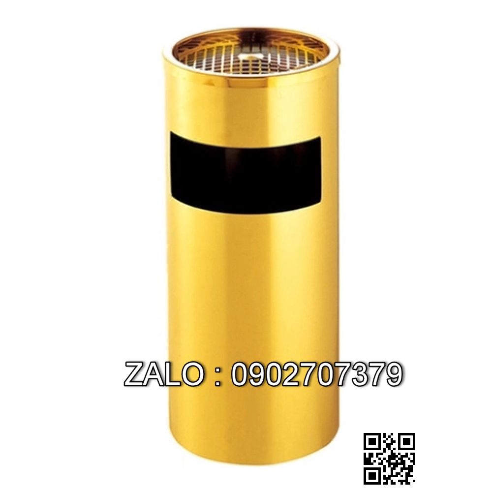 Bán thùng rác inox VÀNG tròn có gạt tàn thuốc lá A35-A