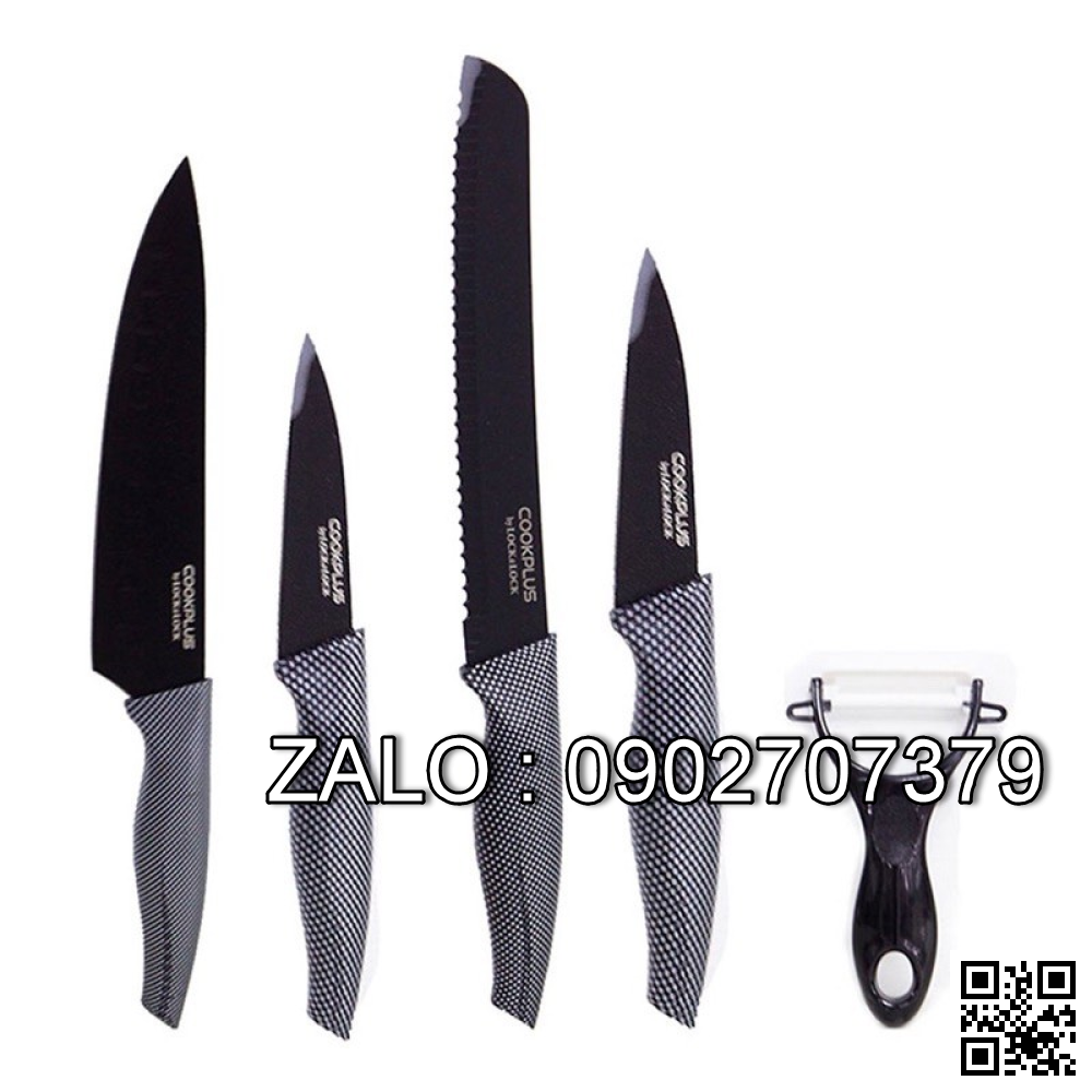 Lock Bộ dao nhà bếp 5 món thép không gỉ (Dao: 4 cái Dụng cụ gọt vỏ trái cây: 1 cái). Thuộc dòng đồ dùng nhà bếp cao cấp. Hàng chính hãng - COOKPLUS CKK101S5BLK - Giới hạn 5 sản phẩm/khách hàng