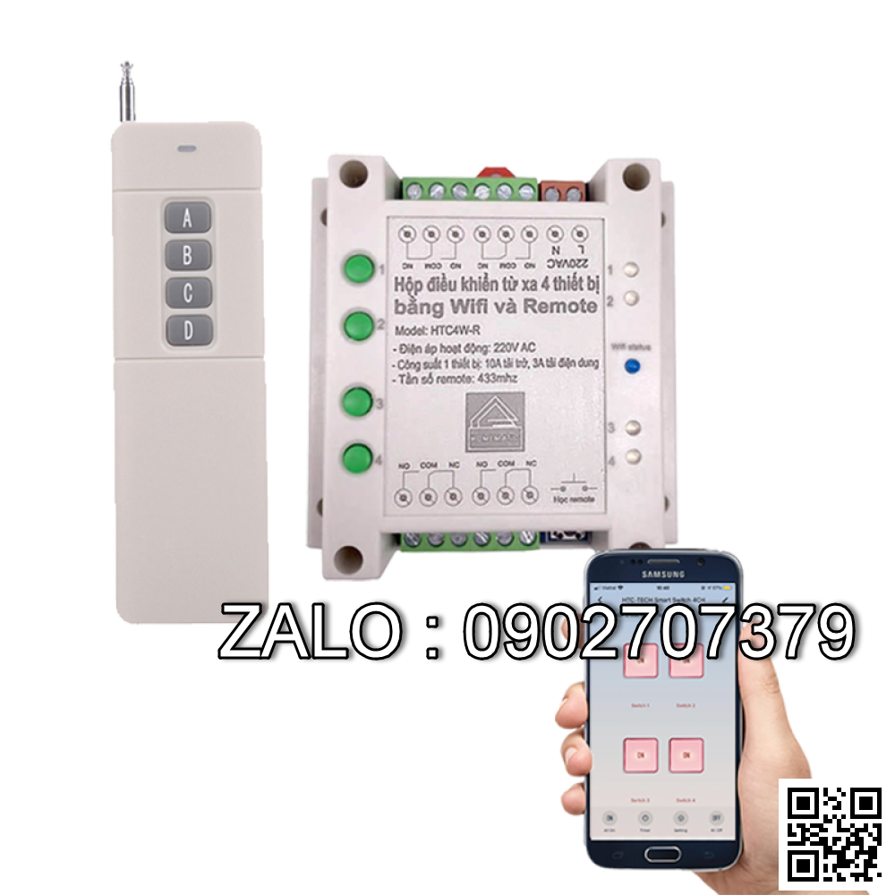 Hộp điều khiển từ xa 4 thiết bị bằng wifi và remote tuya HTC4W-R