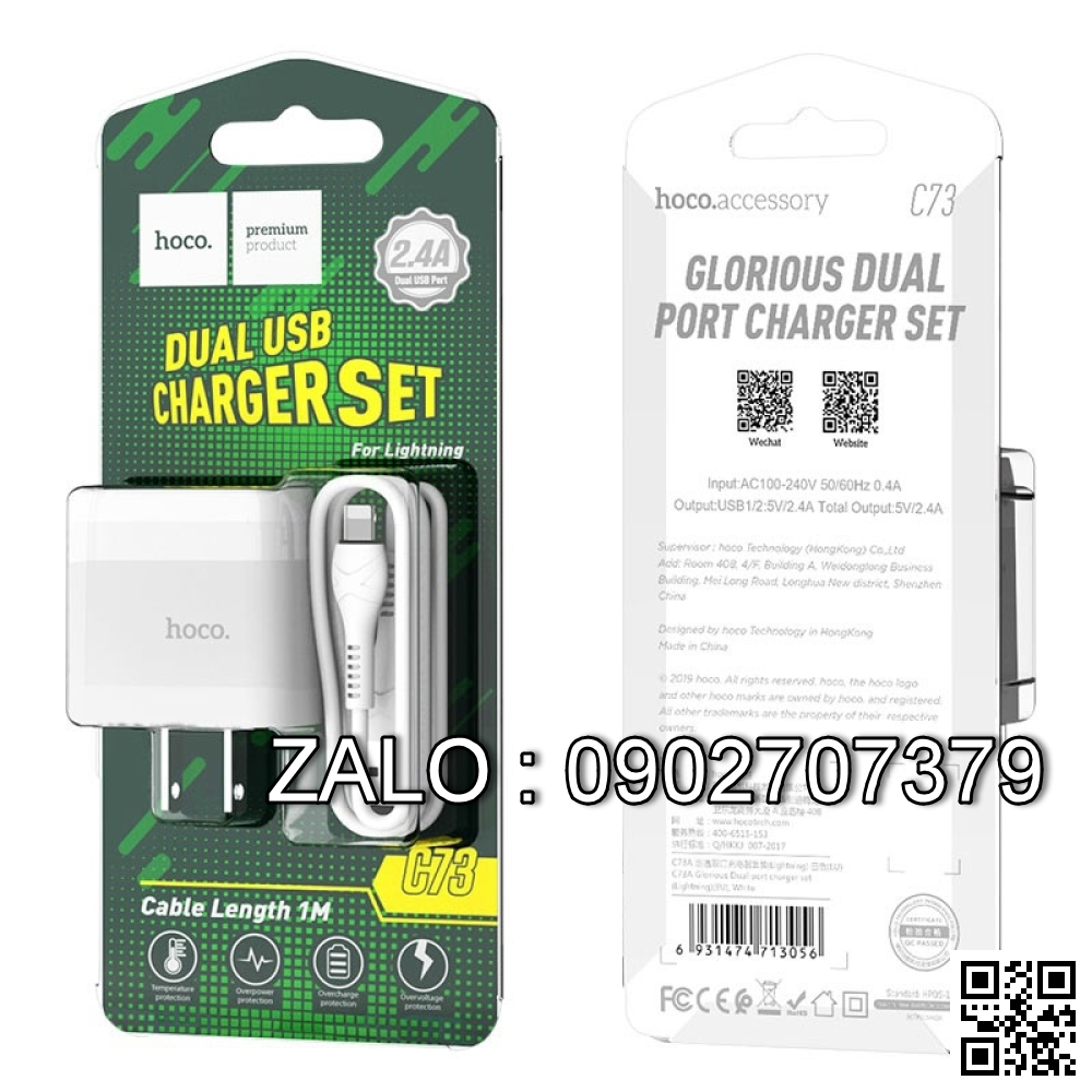 Bộ Sạc Nhanh 2 Cổng Usb Lightning 2.4A Hoco C73 - 1m