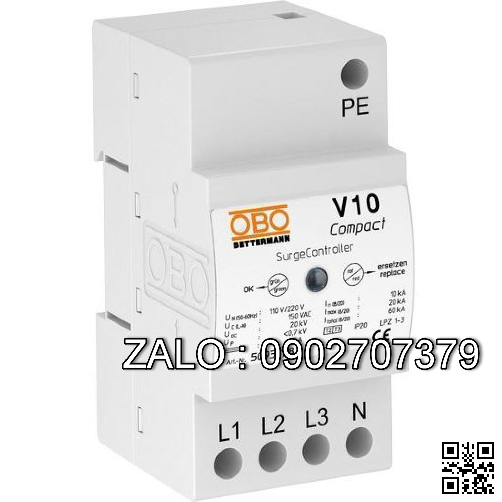 Cắt lọc sét nguồn AC 3 pha V10 Compact 255 (255V, 3P, Imax 20kA) OBO 5094708