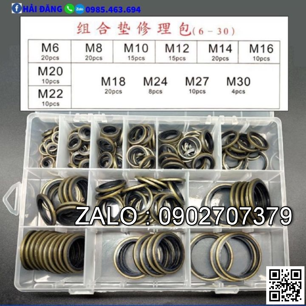Hộp long đen lõi cao su 162 chiếc 12 size các loại