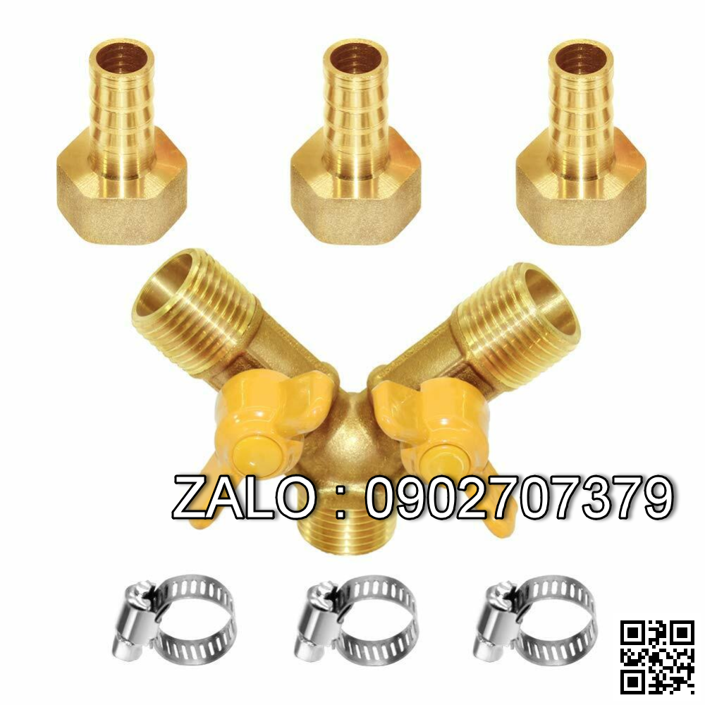Van thau 3 ngã ren trong ở giữa - 2 khóa nhựa - 2 đầu nối ống hơi DN8