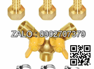 Van thau 3 ngã ren trong ở giữa - 2 khóa nhựa - 2 đầu nối ống hơi DN10