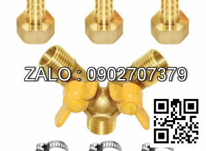 Van thau 3 ngã ren trong ở giữa - 2 khóa thau - 2 đầu nối ống hơi DN8