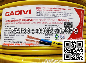 Day dien mem 2c*1.5mm2; NSX:CADIVI, (Day dien mem 2 loi co vo boc PVC cach dien ben ngoai, moi loi gom nhieu day nho)
