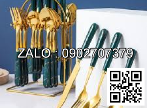 Bộ thìa dĩa kèm kệ mã vàng cao cấp 24 chi tiểt (Kiện 20 bộ)